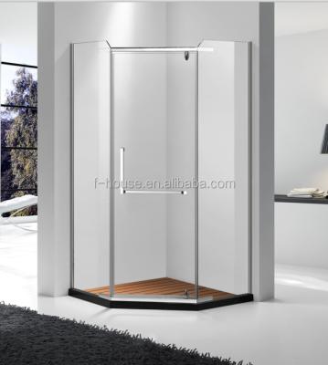 China Modern Stainless Steel Frame Brass Pivot Door Two Fixed Diamond Shape Open Shower Enclosure for sale