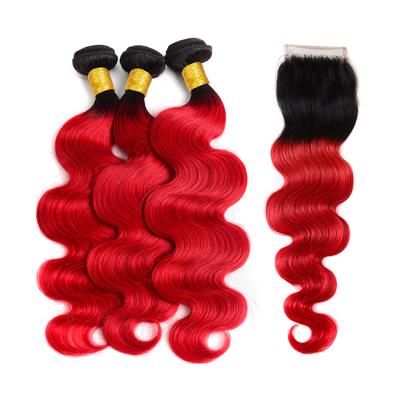 China Virgin Brazilian Hair Bundles Body Wave Grade 12A Black Red Ombre Hair With Closure for sale