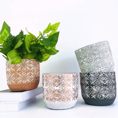 China Eco-Freindly Hot New Fashion Planters Cylindrical Cement Flower Pot Embossed Design Decor Home Garden Decoration for sale