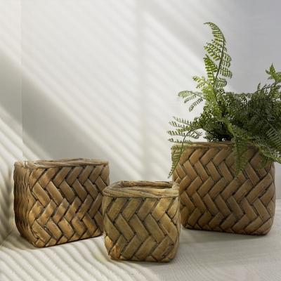 China Eco-Freindly Design Cement Planter Pot Bamboo Weaving Indoor Outdoor Used Decorative Flower Pot for sale