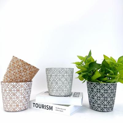 China Eco-Freindly Embossed Design Decor Matte Surface Small Indoor Outdoor Cement Pot Home Planter for sale