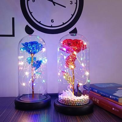 China Colorful Rose With RGB LED Light Home Decor Mother's Day Gift Women's Birthday Table Stand In Glass Dome Unique Love Gift for sale