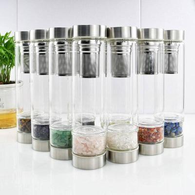 China Sustainable Crystal Water bottle, a Loose Leaf Tea Infuser Bottle, double wall glass for hot and cold drinks. Rose Quartz Crystal for sale