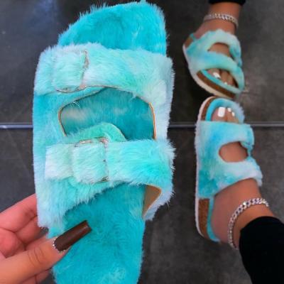 China Cheap Fashion Trend Drop Shipping Puffy Push Up Sandals Fox Fur Flat Slipper Fake For Ladies Slippers Color Image Design Slippers New for sale