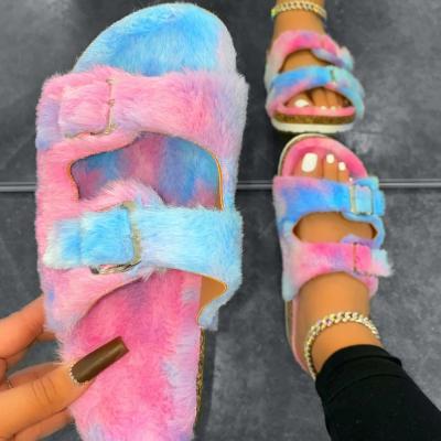 China Cheap Fashion Trend Puffy Push Up Sandals Fox Fur Flat Slipper Fake For Ladies Slippers Color Image Design Slippers New for sale