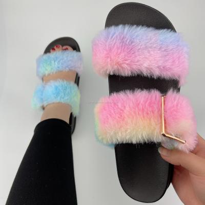 China NEW Fashion Trend Design Plush Fluffy Slippers For Women Fashion Tie Dye Faux Fur Flat Slippers Slides Indoor Outdoor Ladies Sandals Shoes for sale