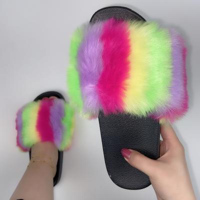 China Fashion Trend Women's Furry Bedroom Slippers Faux Fur Fuzzy Furry Slides Faux Fur Slippers Shoes Plush Sandals for Women and Ladies for sale