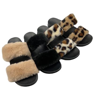 China Fashion Trend Wholesale Cheap Plush Slides Fluffy Slippers For Women Leopard Shape Faux Fur Flat Slipper Outdoor Ladies Sandals Shoes Custom Made for sale