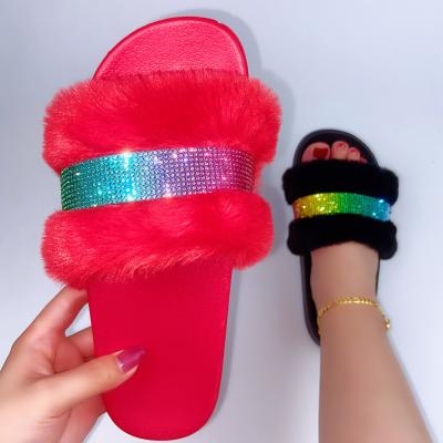 China Wholesale Designer Furry Plush Sandals Fashion Trend Slides For Women And Ladies Fluffy Faux Fur Fuzzy Bedroom House Slippers Women Slippers for sale