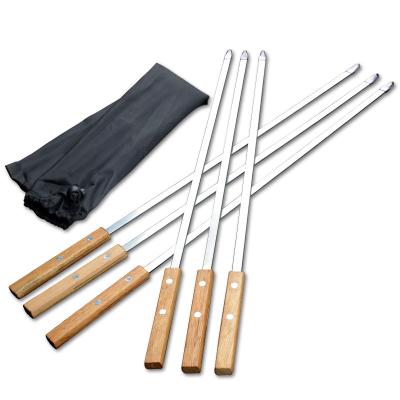 China Easily Cleaned 6 Pcs Kebab Skewer Skewers 23.5 Inch Grill Spikes Stainless Steel BBQ Grill Sticks Reusable Flat Skewer with Non-slip Wooden Handle for sale