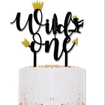 China One Birthday Decorations Acrylic Wild One Wild Cake Topper Black and Gold Glitter Acrylic Birthday Cake Toppers for sale