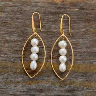 China CLASSIC Gold Plated Vintage Pearl Green Turquoise White Freshwater Round Beads Leaf Shape Earrings for sale