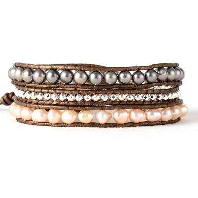 China FASHIONABLE Natural Freshwater Pearl Multilayers Metallic Wrap Leather Bracelet for sale