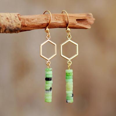 China Hiphop Newcomer Personalized Vintage Jewelry Earrings Hexagon Green Gold Jasper Pendant Dangle Earrings for sale