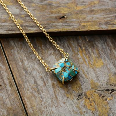 China FASHIONABLE Charm Square Shape Turquoise Green Stone Extentional Necklace Gold Silver Chain Pendant Jewelry Dropshipping for sale