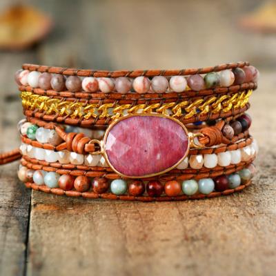 China Gold Rhodonite Crystal Jasper Wrap Bangle Bracelet Free Shipping Rose Charm Bracelet Women Leather Craft Link Chain TRENDY for sale