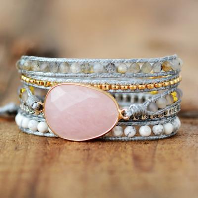 China TRENDY Gold Plated Chain Rose Gold Plated Genuine Leather Rose Quartz Wrap Bracelet Charm Fashion Bracelet Dropship for sale