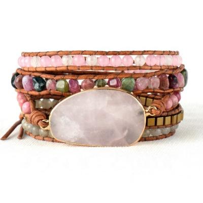 China TRENDY Creative Gifts Customized Bohemia Elegant Rose Quartz Labradorite Bracelet Bangle Pink Wrap Bracelet for sale