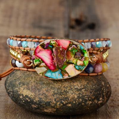 China TRENDY Handmade Jasper Mixed Stone Crystal Beaded Bracelet Europe America Vintage Rainbow Bracelet SLB2006032 for sale