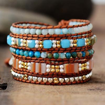 China Factory Wholesale Latest BOHEMIA Jewelry Natural Onyx Bracelet Amazonite Bracelet 4X Stone Wrap Leather Bracelet for sale