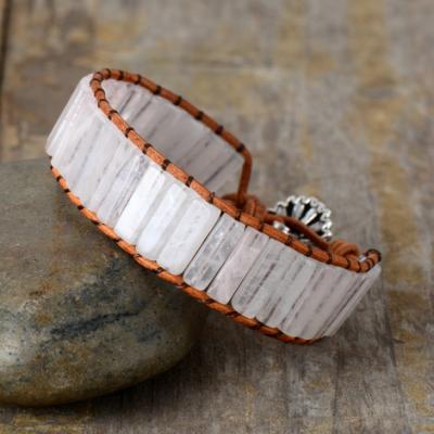 China The FASHIONABLE simple natural stone tube bead Crystal Jade Adjustable Leather Wrap Tasty Bracelets for sale