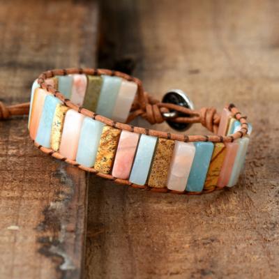 China FASHIONABLE Amazonite Jasper Onyx Bangle Accessories Gift Handmade Charm Vintage Cuff Bracelet Leather Wrap for sale