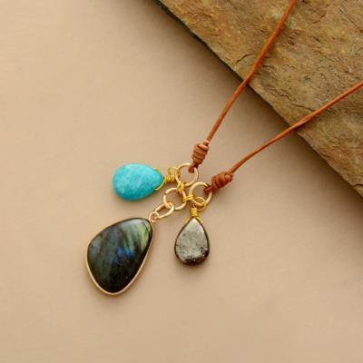 China BOHEMIA Customized Leather Jewelry Labradorite Amazonite Pyrite Necklace Necklace for sale