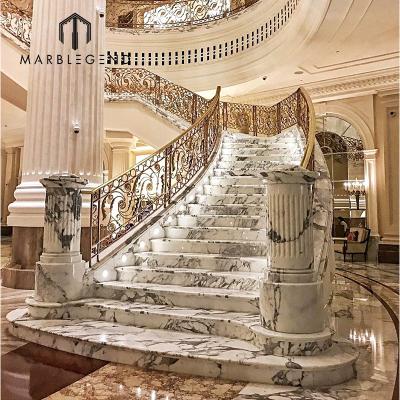 China Modern Villa Indoor Natural Stone Curved Stairs White Marble Stone Grand Staircase for sale