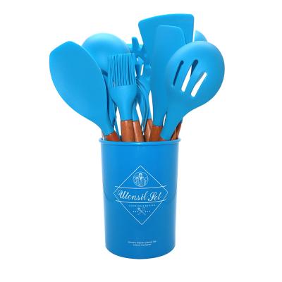 China Manufacturer Wholesale 11Pcs Viable Silicone Kitchen Utensils With Wooden Handle Silicone Green Kitchen Utensils Cooking Sets for sale