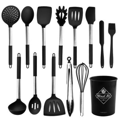 China Viable 13 Pcs Kitchen Silicone Stainless Steel Cookware Set Nonstick Heat Resistant Cookware with Storage Bucket for sale