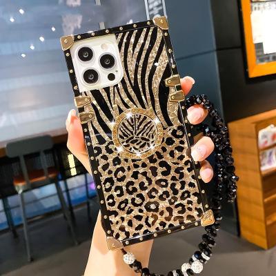 China Fashion Leopard Pattern Shockproof Phone Case For Xiaomi Redmi Note 10 Pro Square Shockproof Chain Cover Soft Silicone Stand for sale