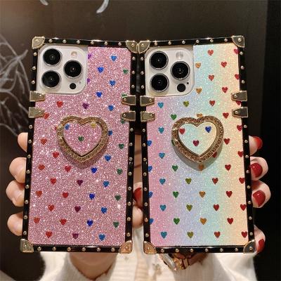 China Shockproof Diamonds Love Ring Heart Bracket BIing Glitter Square Phone Cases For Xiaomi Redmi Note 11 10 Pro TPU Shockproof Cover for sale