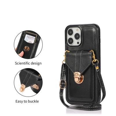 China Wallet Card Shockproof Shoulder Strap For iPhone 13 Pro PU Shockproof Cover Leather Max Stand for sale