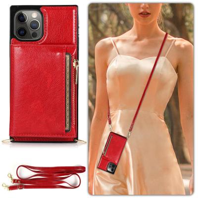 China Wallet Shockproof Luxury Card Strap Leather Phone Case For iPhone 13 Pro Max Stand Shockproof Back Cover for sale