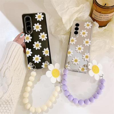 China Cartoon Shockproof Cute PC Flower Transparent Phone Case For Samsung Galaxy Z Fold 3 5G Wristband Cover Shell for sale