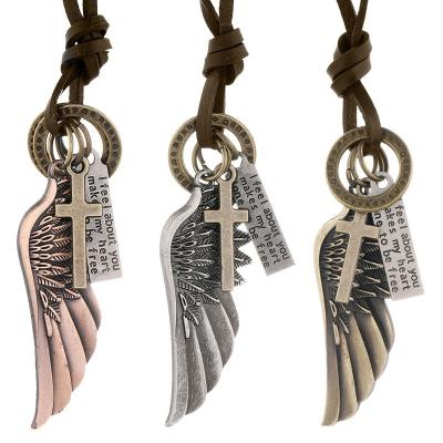 China Men's Long Sweater Coat Men's Simple Adjustable Punk Angel Wings Alloy Metal Pendant Leather Collar for sale