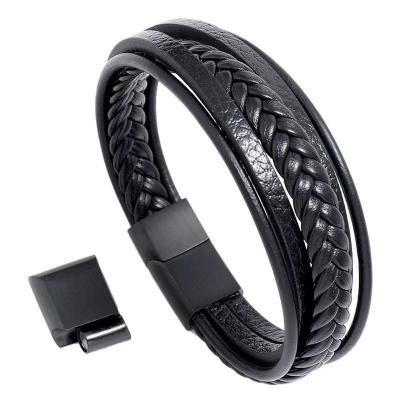 China Women Punk Custom Handmade Men's Jewelry Personality PU Stainless Steel Simple Woven Leather Bracelet for sale