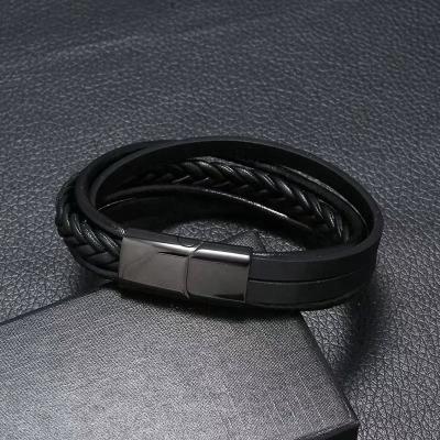 China Men FASHIONABLE Accessories Stainless Steel Braid Leather Multilayer Tri-ply Bracelet Personalize for sale