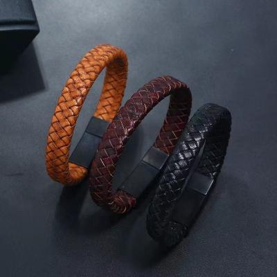 China Handmade Personal Simple Woven Leather Bracelet Homme Punk Jewelry Stainless Steel Clasp Bracelet Men for sale