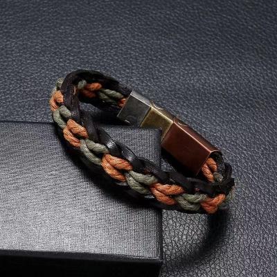 China Vintage Jewelry Punk Handmade Personal Simple Stainless Steel Hemp Rope Woven Leather Bracelets for sale