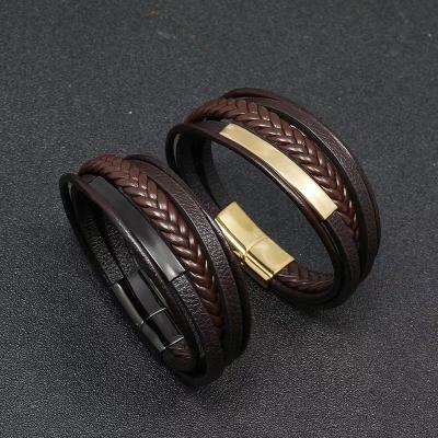 China Multilayer Stainless Steel Punk Women Girls Simple Mens Woven Leather Bracelet Mom for sale