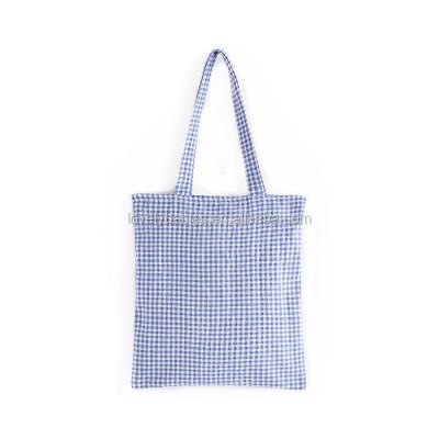 China Gingham Tote Bag Light Blue Cotton Woven Foldable Tote Bag For Women from PACKING BAG for sale