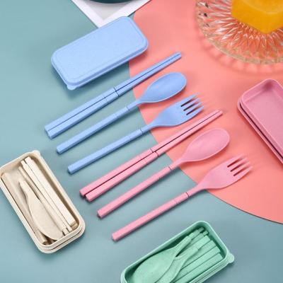 China 4 Piece Portable Wheat Straw Cutlery Biodegradable Chopstick Fork Knife Spoon Set Travel Cutlery Set Eco-Friendly Disposable for sale