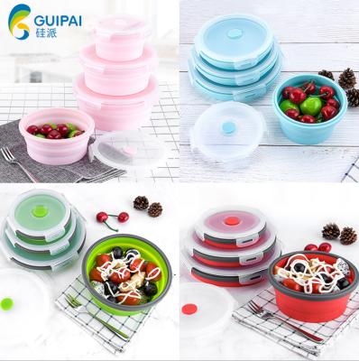 China Freshness Preservation 3pcs/set Round Shape Collapsible Grade Silicone Heated Lunch Box Biodegradable Collapsible Plastic Food Storage Container for sale