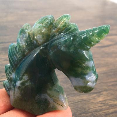 China Wholesale Crystal Carving Two Inch Statuette Decoration Moss Agate Unicorn, Factory Direct for sale