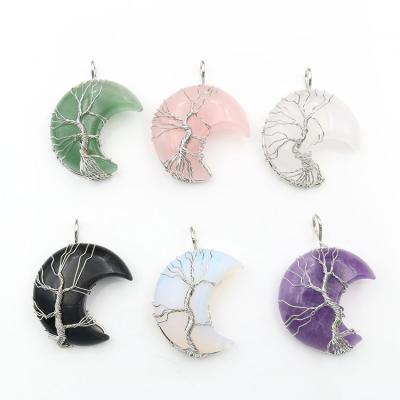 China New Handmade Decoration Necklace Jewelry,Wholesale Natural Tree Stone Crystal Moon Life Pendant for sale