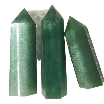 China Decoration green aventurine point crystal original polished six unique prisms, energy crystal ornaments for sale