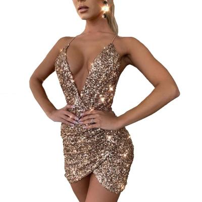 China 2020 Summer Viable Deep V-Neckline Sequin Dresses Lady Elegant Bodycon Sexy Women Dress for sale