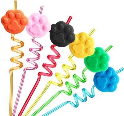 China Eco-friendly Cat's Paw Drinking Straws For Kids Party Soft Reusable Extra Long Cartoon Plastic Straws for sale