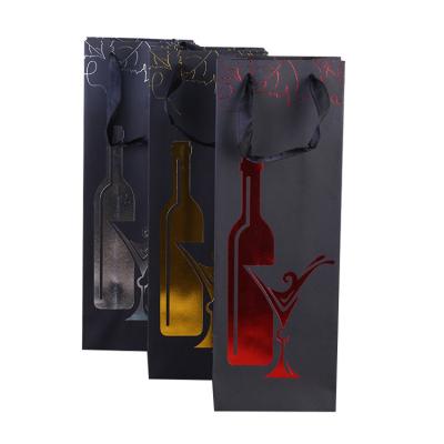 China China Recyclable Suppliers Black Cardboard Wine Paper Bag, Gift Wine Hot Stamping Paper Bag for sale